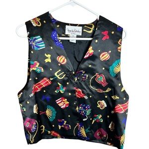 Vintage 1990s Diane Von Furstenberg Black Novelty Print Vest Size XS